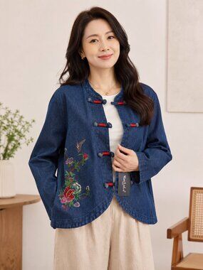 Max LuLu Paris Embroidered Denim Jacket OS Boho Asian Frog Closure